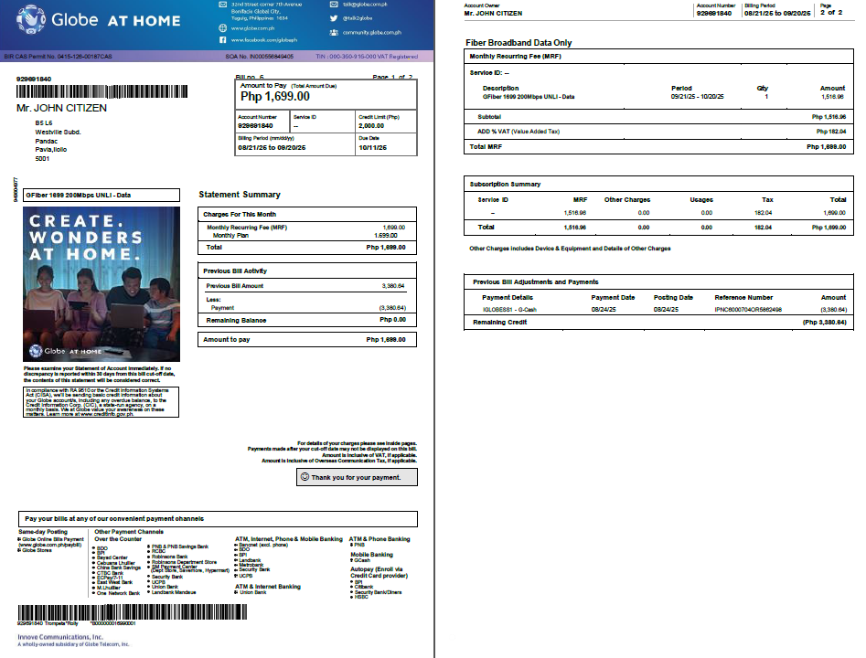 Philippines Globe myBusiness utility bill template in Word and PDF formats, 2 pages, version 2